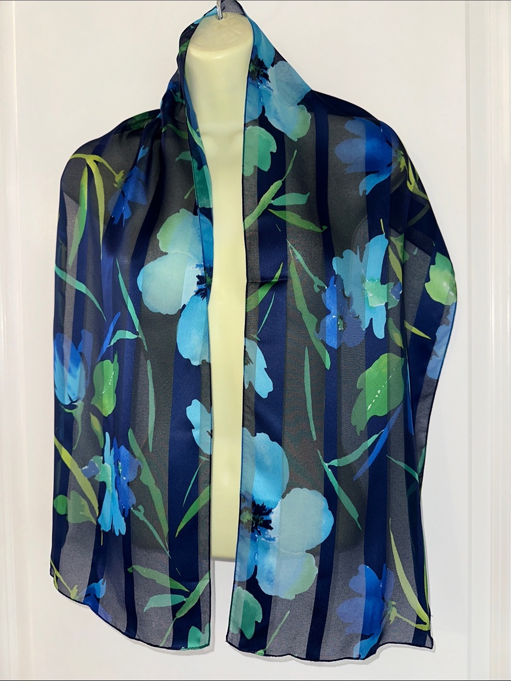 Vintage Semi Sheer Floral Blue & Green Long Silk Feel Polyester Scarf